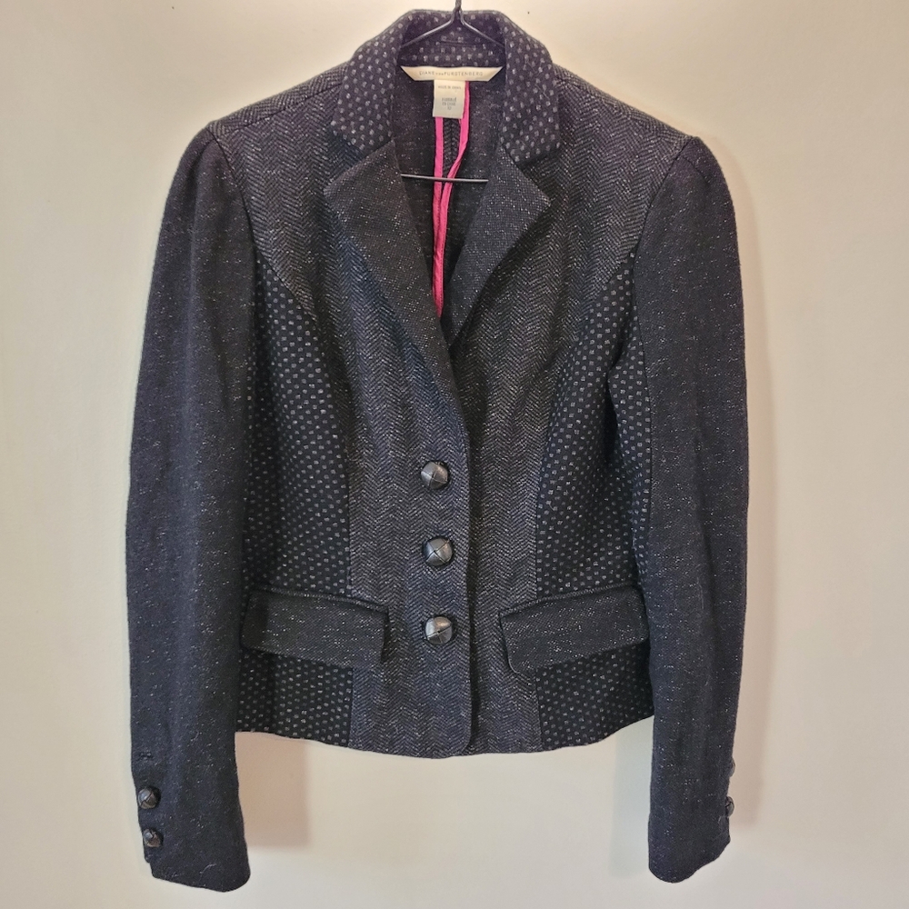Diane Von Furstenberg Black Patterned Cotton Wool Blend Samal Jacket - Size 10